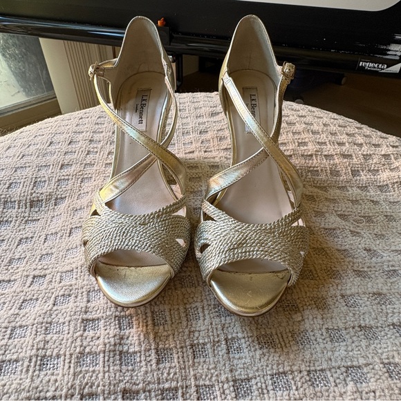 LK Bennett Wedge Gold Heels with Strappy Design - Picture 1 of 9